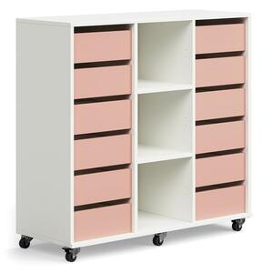 AJ Produkty Skříňka CASPER, 12 zásuvek, 3 přihrádky, bílá, tmavě růžová