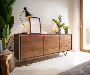 DELIFE Komoda Stonegrace 175 cm akácie hnědá kamenná dýha 2 dvířka 3 zásuvky podnož ve tvaru V černá
