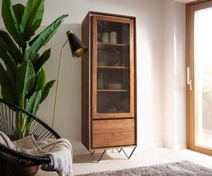 DELIFE Vitrína Stonegrace 55x180 cm akácie hnědá kamenná dýha 1 dvířka 2 zásuvky podnož ve tvaru V černá