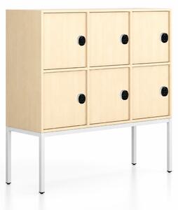 Kancelářská skříň FRAME, nízká, bílá podnož, 6x dveře, 1299 x 450 x 1331 mm, kódový zámek, bříza