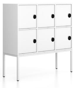 Kancelářská skříň FRAME, nízká, bílá podnož, 6x dveře, 1299 x 450 x 1331 mm, kódový zámek, bílá
