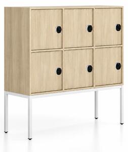 Kancelářská skříň FRAME, nízká, bílá podnož, 6x dveře, 1299 x 450 x 1331 mm, kódový zámek, dub přírodní