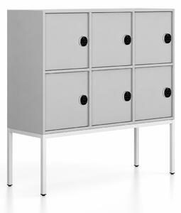 Kancelářská skříň FRAME, nízká, bílá podnož, 6x dveře, 1299 x 450 x 1331 mm, kódový zámek, šedá
