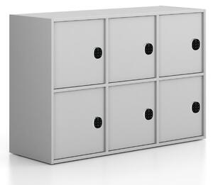 Kancelářská skříň FRAME, nízká, 6x dveře, 1299 x 450 x 881 mm, kódový zámek, šedá