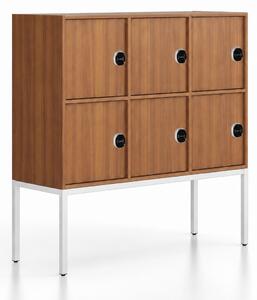Kancelářská skříň FRAME, nízká, bílá podnož, 6x dveře, 1299 x 450 x 1331 mm, RFID zámek, ořech