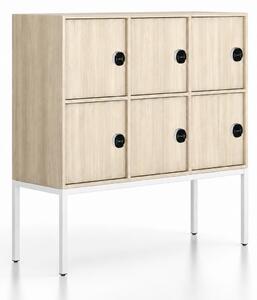 Kancelářská skříň FRAME, nízká, bílá podnož, 6x dveře, 1299 x 450 x 1331 mm, RFID zámek, dub přírodní