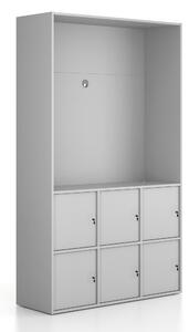 Kancelářská skříň FRAME, 6x dveře, prostor pro TV, 1299 x 450 x 2162 mm, cylindrický zámek, šedá