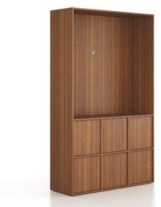 Kancelářská skříň FRAME, 6x dveře, prostor pro TV, 1299 x 450 x 2162 mm, cylindrický zámek, ořech