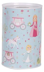 Modrá plechová kasička s motivem pohádek a princezen – 10x15 cm