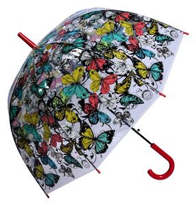 Průhledný deštník s motýlky a červeným držadlem – 60 cm