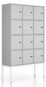 Kancelářská skříň FRAME, bílá podnož, 12x dveře, 1299 x 450 x 2185 mm, mechanický kódový zámek, šedá