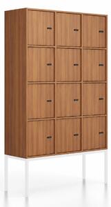 Kancelářská skříň FRAME, bílá podnož, 12x dveře, 1299 x 450 x 2185 mm, mechanický kódový zámek, ořech