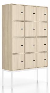 Kancelářská skříň FRAME, bílá podnož, 12x dveře, 1299 x 450 x 2185 mm, mechanický kódový zámek, dub přírodní