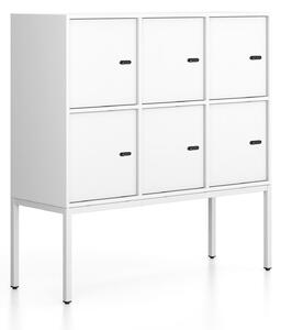 Kancelářská skříň FRAME, nízká, bílá podnož, 6x dveře, 1299 x 450 x 1331 mm, mechanický kódový zámek, bílá