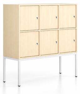 Kancelářská skříň FRAME, nízká, bílá podnož, 6x dveře, 1299 x 450 x 1331 mm, cylindrický zámek, bříza