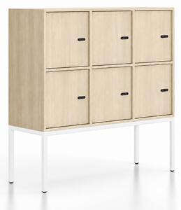 Kancelářská skříň FRAME, nízká, bílá podnož, 6x dveře, 1299 x 450 x 1331 mm, mechanický kódový zámek, dub přírodní
