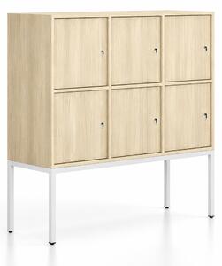 Kancelářská skříň FRAME, nízká, bílá podnož, 6x dveře, 1299 x 450 x 1331 mm, cylindrický zámek, dub přírodní