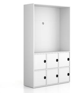 Kancelářská skříň FRAME, 6x dveře, prostor pro TV, 1299 x 450 x 2162 mm, RFID zámek, bílá