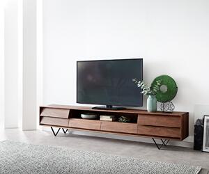DELIFE TV stolek Eloi 240x35 cm akácie hnědá 2 dvířka 2 zásuvky podnož ve tvaru V černá