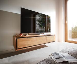 DELIFE TV stolek Stonegrace 145 cm akácie přírodní 3 dvířka kamenná dýha závěsný
