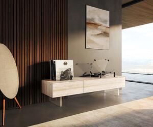 DELIFE TV stolek Cuor 150 cm keramika Laminam® Travertino Bianco krémově bílá 1 výklopná dvířka 1 zásuvka podnož závěsná akrylglas