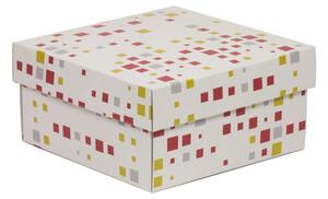 Dárková krabička s víkem 200x200x100/40 mm, VZOR - KOSTKY korálová/žlutá