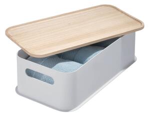 Šedý úložný box s víkem ze dřeva paulownia iDesign Eco Handled, 21,3 x 43 cm