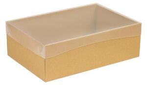 Dárková krabice s průhledným víkem 300x200x100/35 mm, hnědá - kraftová