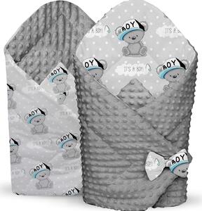 Oboustranná zavinovačka pro miminka 80x80 cm BABYMAM PREMIUM - Medvídek LITTLE BOY s šedou minky