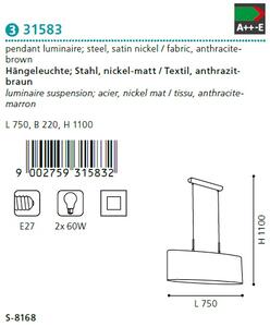 Eglo 31583 PASTERI antracit - Závěsný textilní lustr + Dárek 2x LED žárovka (Textilní svítidlo nad jídelní stůl)