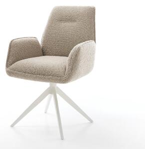 DELIFE Jídelní židle Zoa-Flex bouclé tmavě béžová křížová podnož široká bílá 360° otočná houpací funkce taštičkové pružiny