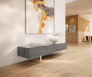 DELIFE TV stolek Cuor 150 cm keramika beton šedá 1 výklopná dvířka 1 zásuvka podnož závěsná akrylglas