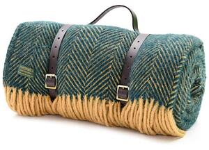 Pikniková vlněná deka Polo Emerald Mustard, kožené popruhy, 183 x 150 cm Tweedmill