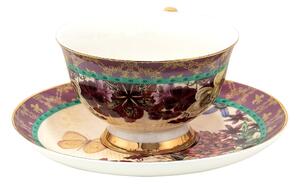 Porcelánový šálek s podšálkem s květy a motýlky - 12*10*6 cm / Ø 15*2 cm / 200 ml