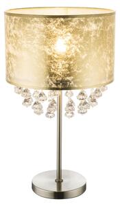 Globo 15187T3 AMY - Moderní stolní lampa s textilním stínidlem ve zlaté barvě s ověsky 1 x E27 (Stolní textilní svítidlo s krystalky)