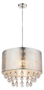 Globo 15188H3 AMY - Závěsný textilní lustr ve stříbrné barvě s ověsky 1 x E27 (Textilní svítidlo na lanku s krystalky)