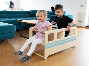 Dřevěná skládací učící věž AUTOBUS 5v1 s křídovou tabulí pro děti - Bílá samolepka