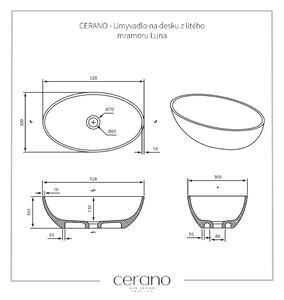 CERANO - Umyvadlo na desku z litého mramoru Luna - černá matná - 52,8x30,9 cm