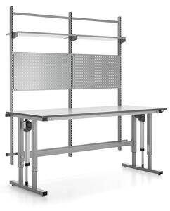 AJ Produkty Výškově nastavitelný pracovní stůl MOTION, 400 kg, 2000x800 mm, s panelem na nářadí a policemi