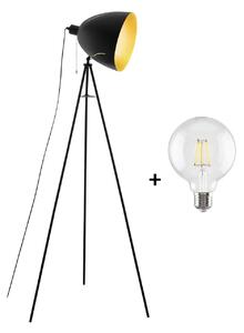 Eglo 43008 HUNNINGHAM - Stojací vintage lampa na trojnožce s tahovým vypínačem + Dárek LED retro žárovka (Moderní vintage lampa v černo zlaté barvě)