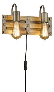 Trio Leuchten 205570267 KHAN - Retro nástěnné svítidlo s kabelem do zásuvky 2 x E27 (Retro nástěnná dvoužárovková lampa s dřevěným prvkem )