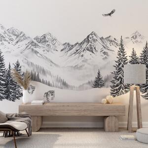 Fototapety Zimní hory, sněžní levharti, borový les, kresba tužkou, letící orel, Fototapety příroda, w02360 : uwalls.cz
