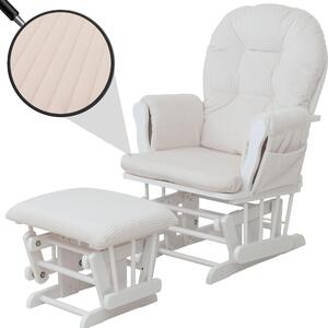 Relaxaní křeslo HWC-C76, houpací křeslo houpací křeslo s taburetem tkanina kord 320g/m² Oeko-Tex krémový rám bílý