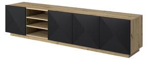 TV stolek Asha 200 cm s rýhovaným čelem a výklenkem - dub artisan / černý mat