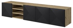 Závěsný TV stolek Asha 200 cm s rýhovanými dvířky a výklenkem - dub artisan / černý mat
