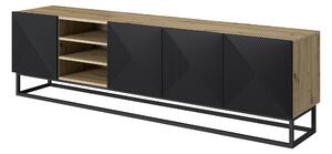 TV stolek Asha 200 cm s rýhovaným čelem a výklenkem na kovovém rámu - dub artisan / černý mat