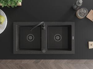 MEXEN/S - Mario granitový dřez 2-bowl 820 x 436 mm, černá kropenatá, + černý sifon 6504822000-76-B