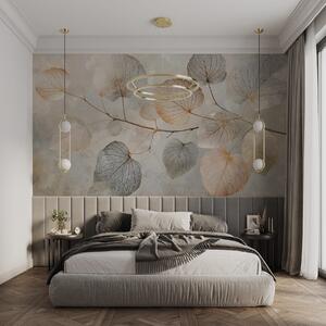 Fototapety Jemné listy se složitými žilkami a jemnými, tlumenými barvami na světlém texturovaném pozadí, Fototapety akvarel, w08469 : uwalls.cz