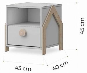 Domečkový noční stolek Barva: bílá, Přední část šuplíku: bílá + dřevěný domeček
