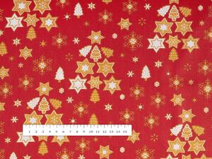 Vánoční bavlněná látka/plátno Sandra SA-408 Hvězdičky a stromky na červeném - šířka 160 cm